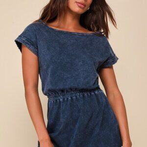 Lulus Definite Beauty Washed Dark Blue Short Sleeve Mini Dress - Size M